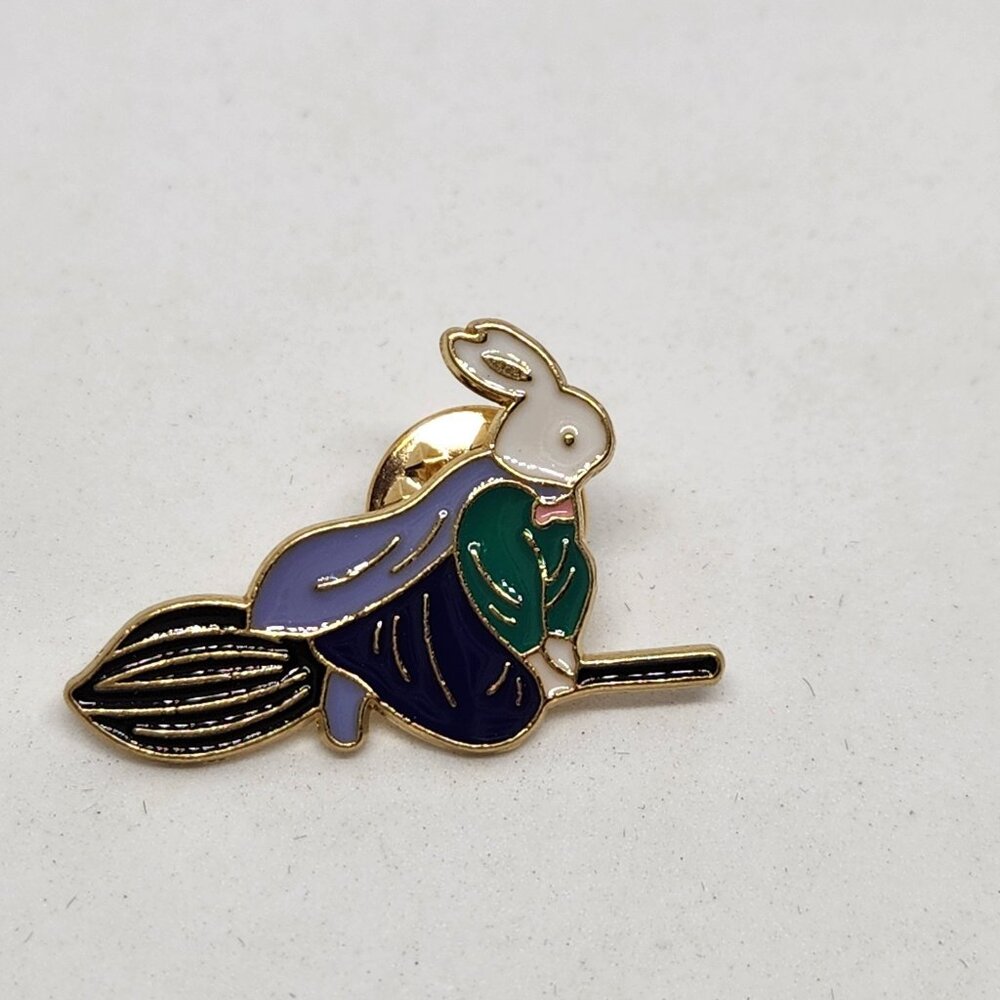 Witch Bunny Broom Metal Enamel Pin Gold Tone Backing Lapel Backpack Hat